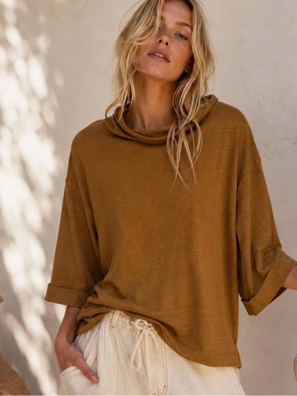 We The Free Relaxed Cowl Neck Top in Camel Brown